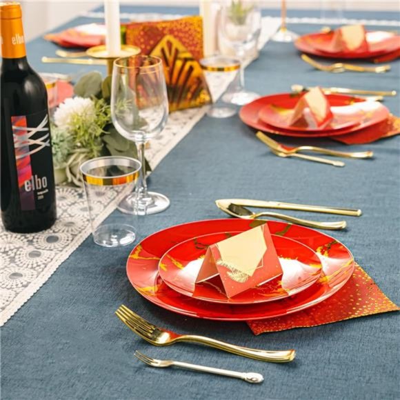 Red Gold Plastic Plates Set, Disposable Dinnerware Set Include 25 Dinner Plates - Picture 8 of 8